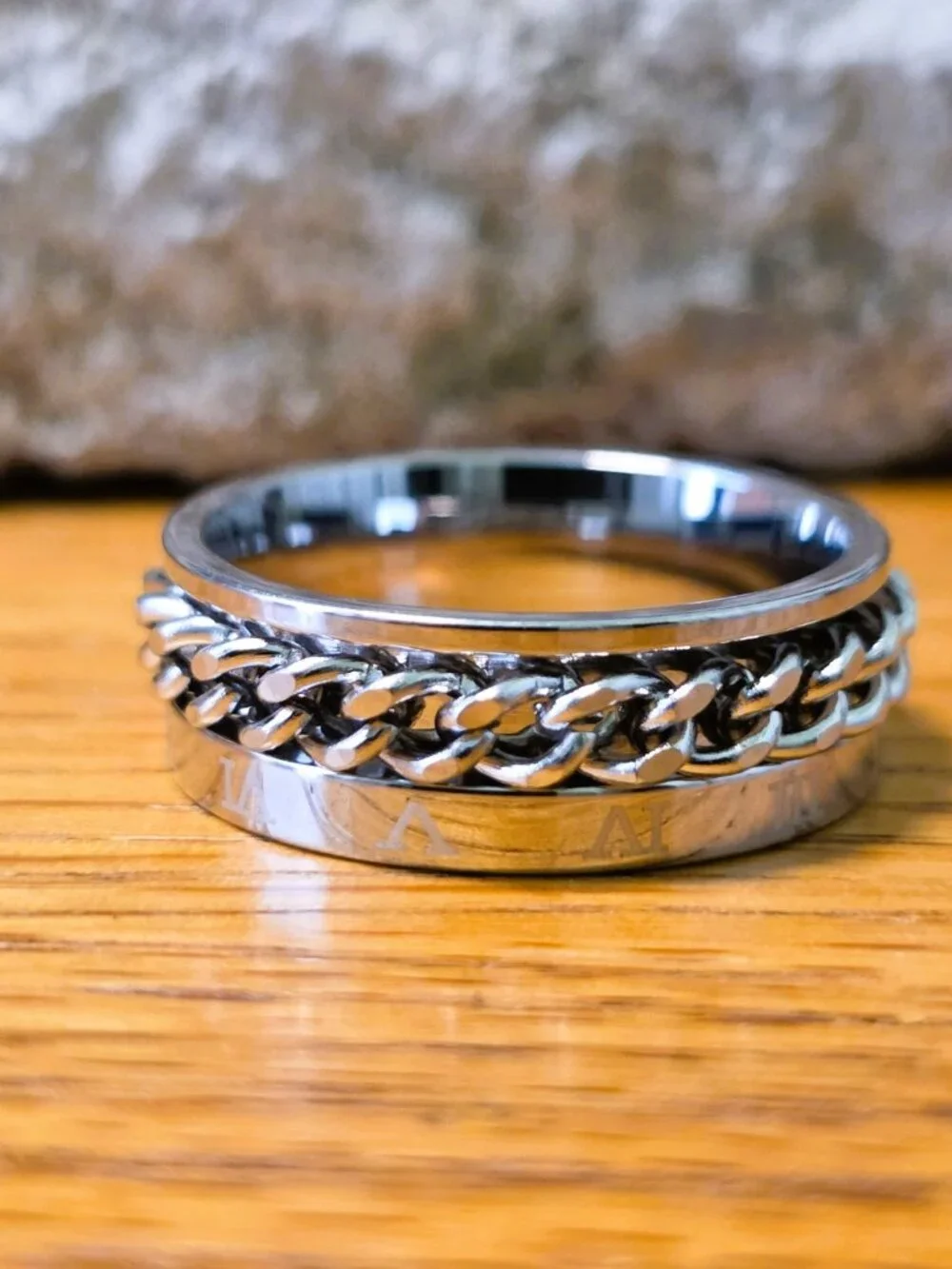 NEW! Stainless Steel Spinner Ring w/Braided Chain Fidget Band & Roman Numerals